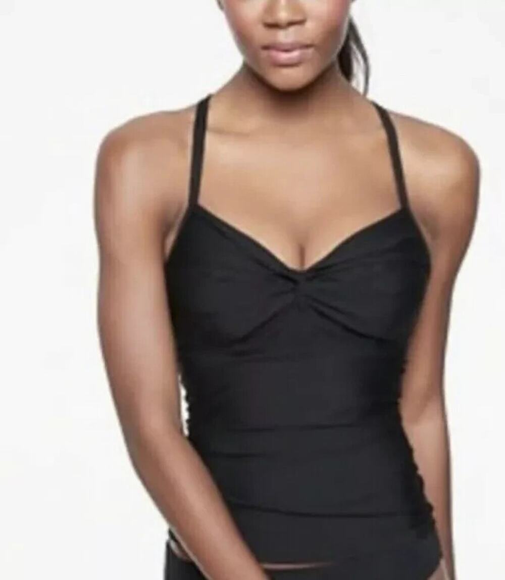 Athleta Knot Front Tankini Top Swimsuit Black Adjustable Straps Size S #964888
